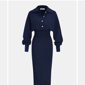 Cinched waist Navy Blue knit shirt dress